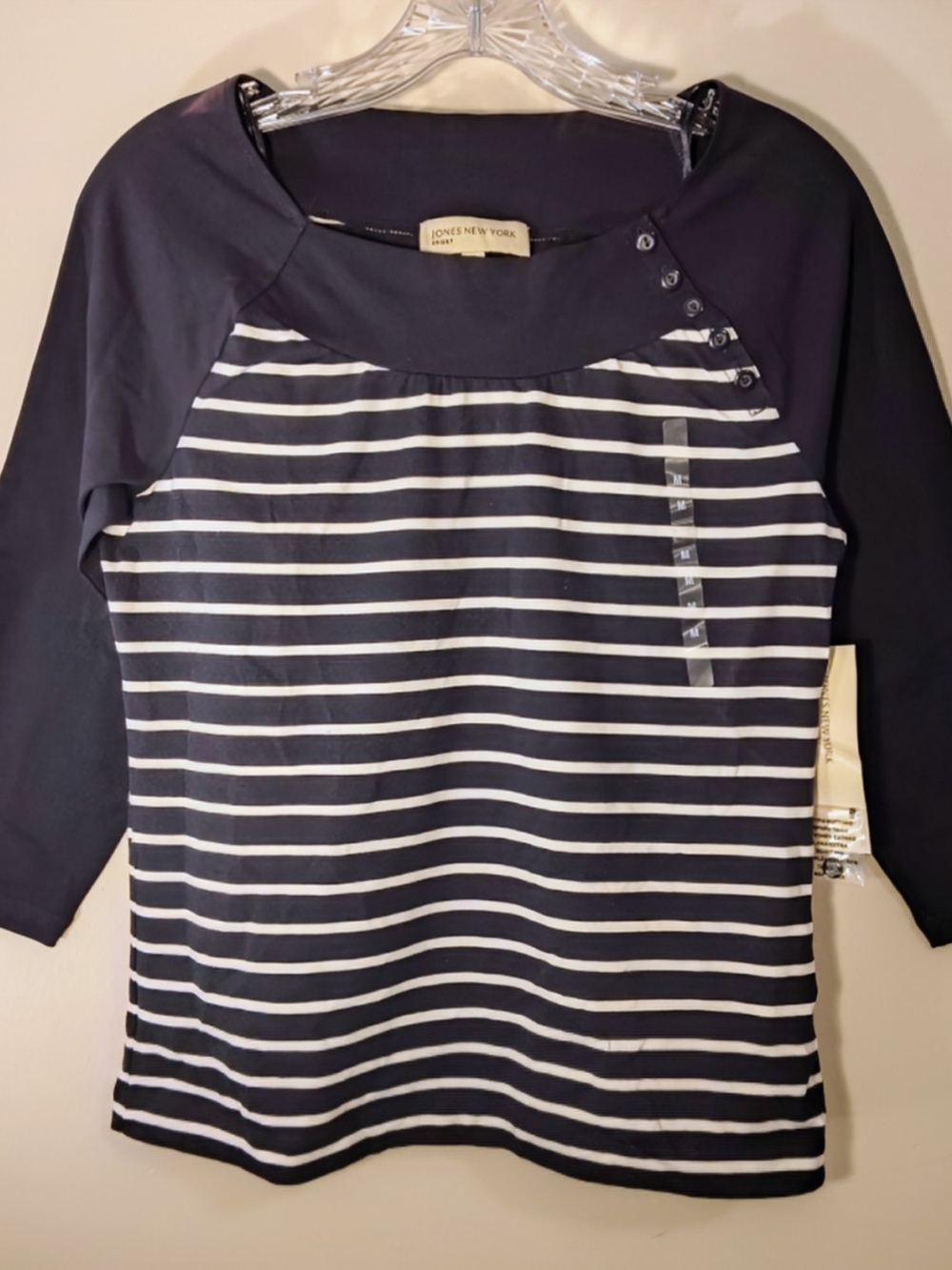 NWT Jones New York Navy and White Striped 3/4 Sleeve Tee Shirt size Medium